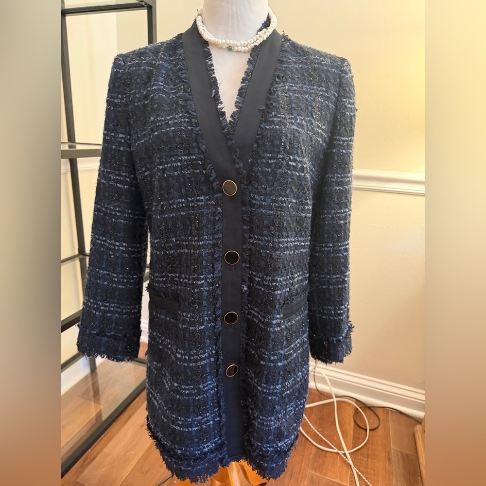 Ann Taylor Navy and Black Bouclé Longline Blazer
